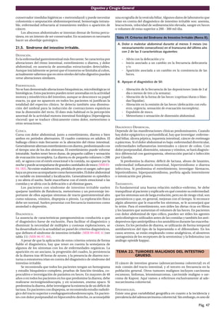 Digestivo y Cirugía General

conservador (medidas higiénicas + metronidazol) y puede necesitar        una ecografía de la vesícula biliar. Algunos datos de laboratorio que
colostomía o amputación abdominoperineal, hemorragia intrata-            irían en contra del diagnóstico de intestino irritable son: anemia,
ble, enfermedad refractaria al tratamiento médico o aparición de         leucocitosis, velocidad de sedimentación elevada, sangre en heces
cáncer.                                                                  o volumen de estas superior a 200 - 300 ml/dia.
    Los abscesos abdominales se intentan drenar de forma percu-
tánea, en un intento de ser conservador. En ocasiones es necesario       Tabla 19. Criterios del Síndrome de Intestino Irritable (Roma II).
hacer un abordaje quirúrgico.
                                                                          A. Dolor o malestar abdominal durante al menos 3 meses (no
21.5. Síndrome del intestino irritable.                                      necesariamente consecutivos) en el transcurso del último año
                                                                             con 2 de las 3 características siguientes:
DEFINICIÓN.
Es la enfermedad gastrointestinal más frecuente. Se caracteriza por          - Alivio con la defecación y/o
alteraciones del ritmo intestinal, estreñimiento o diarrea, y dolor          - Inicio asociado a un cambio en la frecuencia defecatoria
abdominal, en ausencia de anomalías estructurales detectables.                 y/o
Aunque inicialmente se pensó que el trastorno se limitaba al colon,          - Aparición asociada a un cambio en la consistencia de las
actualmente sabemos que en otros niveles del tubo digestivo pueden             heces.
verse alteraciones similares.
                                                                          B. Apoyan el diagnóstico de SII:
FISIOPATOLOGÍA.
No se han demostrado alteraciones bioquímicas, microbiológicas ni            - Alteración de la frecuencia de las deposiciones (más de 3 al
histológicas. Estos pacientes pueden tener anomalías en la actividad           dia o menos de tres a la semana).
motora y mioeléctrica del intestino, aunque se desconoce su papel            - Alteración de la forma de las heces (caprinas/duras o blan-
exacto, ya que no aparecen en todos los pacientes ni justiﬁcan la              das/líquidas).
totalidad del espectro clínico. Se detecta también una disminu-              - Alteración en la emisión de las heces (defecación con esfu-
ción del umbral para la inducción de contracciones espásticas                  erzo, urgencia, sensación de evacuación incompleta).
tras la distensión del recto. El dato más habitual es la percepción          - Expulsión de moco.
anormal de la actividad motora intestinal ﬁsiológica (hiperalgesia           - Meteorismo o sensación de distensión abdominal.
visceral) que se traduce clínicamente como dolor, meteorismo u
otras sensaciones.
                                                                         DIAGNÓSTICO DIFERENCIAL.
CLÍNICA.                                                                 Depende de las manifestaciones clínicas predominantes. Cuando
Cursa con dolor abdominal, junto a estreñimiento, diarrea o bien         hay dolor epigástrico o periumbilical, hay que investigar: enferme-
ambos en períodos alternantes. El cuadro comienza en adultos. El         dad biliar, úlcera péptica, isquemia intestinal, cáncer de estómago
hallazgo clínico más frecuente es la alteración del ritmo intestinal.    o páncreas. Si el dolor abdominal es bajo: enfermedad diverticular,
Generalmente alternan estreñimiento con diarrea, predominando con        enfermedades inﬂamatorias intestinales o cáncer de colon. Con
el tiempo uno de los dos síntomas. El estreñimiento puede volverse       dolor postprandial, distensión, náuseas y vómitos, se hará diagnós-
intratable. Suelen tener heces duras, de pequeño calibre y sensación     tico diferencial con gastroparesia, obstrucción parcial o infección
de evacuación incompleta. La diarrea es de pequeño volumen (<200         por Giardia.
ml), se agrava con el estrés emocional o la comida, no aparece por la        Si predomina la diarrea: déﬁcit de lactasa, abuso de laxantes,
noche y puede acompañarse de grandes cantidades de moco (MIR 03-         enfermedad inﬂamatoria intestinal, hipertiroidismo o diarrea
04, 183). No existe malabsorción, pérdida de peso ni sangre, salvo que   infecciosa. Si predomina el estreñimiento, investigar: fármacos,
haya un proceso acompañante como hemorroides. El dolor abdominal         hipotiroidismo, hiperparatiroidismo, porﬁria aguda intermitente
es variable en intensidad y localización. Generalmente es episódico      o intoxicación por plomo.
y no altera el sueño. Suele exacerbarse con el estrés emocional o las
comidas y se alivia con la defecación o al eliminar gases.               TRATAMIENTO.
     Los pacientes con síndrome de intestino irritable suelen            Es fundamental una buena relación médico-enfermo. Se debe
quejarse también de ﬂatulencia, meteorismo y un porcentaje im-           tranquilizar al paciente y explicarle en qué consiste su enfermedad:
portante de ellos aquejan síntomas de tracto gastrointestinal alto       que los síntomas son de larga evolución, pero no de riesgo vital, son
como náuseas, vómitos, dispepsia o pirosis. La exploración física        paroxísticos y que, en general, mejoran con el tiempo. Si reconoce
debe ser normal. Suelen presentar con frecuencia trastornos como         algún alimento que le exacerbe los síntomas, se le aconsejará que
ansiedad o depresión.                                                    lo retire. Para el estreñimiento, son útiles las dietas ricas en ﬁbras
                                                                         y los laxantes que aumentan el volumen de las heces. En pacientes
DIAGNÓSTICO.                                                             con dolor abdominal de tipo cólico, pueden ser útiles los agentes
La ausencia de características patognomónicas conduciría a que           anticolinérgicos utilizados antes de las comidas y también los anti-
el diagnóstico fuese de exclusión. Para facilitar el diagnóstico y       depresivos tipo amitriptilina o los ansiolíticos durante las exacerba-
disminuir la necesidad de múltiples y costosas exploraciones, se         ciones. En los períodos de diarrea, se utilizarán de forma temporal
ha desarrollado en la actualidad un panel de criterios diagnósticos,     antidiarreicos del tipo de la loperamida o el difenoxilato. En los
que deﬁnen el síndrome de intestino irritable: (MIR 99-00F, 4) (ver      casos severos, se están empleando como analgésicos, el alosetron
tabla 11) (MIR 96-97, 84).                                               (antagonista de los receptores de la serotonina) y la fedotozina (un
    A pesar de que la aplicación de estos criterios orienta de forma     análogo opioide kappa).
ﬁable el diagnóstico, hay que tener en cuenta la semejanza de
algunos de los síntomas con los de enfermedades orgánicas. La
aparición en un anciano, la progresión del cuadro, la persistencia       TEMA 22. TUMORES MALIGNOS DEL INTESTINO
de la diarrea tras 48 horas de ayuno, y la presencia de diarrea noc-              GRUESO.
turna o esteatorrea irían en contra del diagnóstico de síndrome del
intestino irritable.                                                     El cáncer de intestino grueso (adenocarcinoma colorrectal) es el
    Se recomienda que todos los pacientes tengan un hemograma            más común del tracto intestinal, y el tercero en frecuencia en la
y estudio bioquímico completo, pruebas de función tiroidea, co-          población general. Otros tumores malignos incluyen carcinoma
procultivo e investigación de parásitos en heces. En mayores de 40       escamoso, linfomas, leiomiosarcomas, carcinoide maligno o sar-
años o en todos los pacientes en los que predomine la diarrea, debe      coma de Kaposi. Aquí vamos a referirnos exclusivamente al ade-
realizarse rectosigmoidoscopia, y en ocasiones, enema opaco. Si          nocarcinoma colorrectal.
predomina la diarrea, debe investigarse la existencia de un déﬁcit de
lactasa. En pacientes con dispepsia, se recomienda estudio radioló-      EPIDEMIOLOGÍA.
gico del tracto superior o esofagogastroduodenoscopia. En pacien-        Existe una gran variabilidad geográﬁca en cuanto a la incidencia y
tes con dolor postprandial en hipocondrio derecho, es aconsejable        prevalencia del adenocarcinoma colorrectal. Sin embargo, es uno de

                                                                                                                                      Pág. 47
 