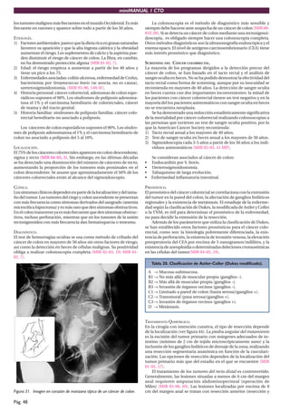 miniMANUAL 1 CTO

los tumores malignos más frecuentes en el mundo Occidental. Es más           La colonoscopia es el método de diagnóstico más sensible y
frecuente en varones y aparece sobre todo a partir de los 50 años.       siempre debe hacerse ante sospecha de un cáncer de colon (MIR 00-
                                                                         01F, 20). Si se detecta un cáncer de colon mediante una rectosigmoi-
ETIOLOGÍA.                                                               doscopia, es obligado siempre hacer una colonoscopia completa.
1) Factores ambientales: parece que la dieta rica en grasas saturadas    Otros métodos diagnósticos son la ultrasonografía endoscópica y el
    favorece su aparición y que la alta ingesta calórica y la obesidad   enema opaco. El nivel de antígeno carcinoembrionario (CEA) tiene
    aumentan el riesgo. Los suplementos de calcio y la aspirina pue-     más interés pronóstico que diagnóstico.
    den disminuir el riesgo de cáncer de colon. La ﬁbra, en cambio,
    no ha demostrado protección alguna (MIR 01-02, 7).                   SCREENING DEL CÁNCER COLORRECTAL.
2) Edad: el riesgo empieza a aumentar a partir de los 40 años y          La mayoría de los programas dirigidos a la detección precoz del
    tiene un pico a los 75.                                              cáncer de colon, se han basado en el tacto rectal y el análisis de
3) Enfermedades asociadas: colitis ulcerosa, enfermedad de Crohn,        sangre oculta en heces. No se ha podido demostrar la efectividad del
    bacteriemia por Streptococcus bovis (se asocia, no es causa),        tacto rectal como forma de screening, aunque por su inocuidad se
    ureterosigmoidostomía. (MIR 95-96, 149-IF).                          recomienda en mayores de 40 años. La detección de sangre oculta
4) Historia personal: cáncer colorrectal, adenomas de colon espo-        en heces cuenta con dos importantes inconvenientes: la mitad de
    rádicos suponen el 90%. Los síndromes de poliposis adenoma-          los pacientes con cáncer colorrectal tienen un test negativo y en la
    tosa el 1% y el carcinoma hereditario de colorrectales, cáncer       mayoría del los pacientes asintomáticos con sangre oculta en heces
    de mama y del tracto genital.                                        no se encuentra neoplasia.
5) Historia familiar: síndromes de poliposis familiar, cáncer colo-          Se ha demostrado una reducción estadísticamente signiﬁcativa
    rrectal hereditario no asociado a poliposis.                         de la mortalidad por cáncer colorrectal realizando colonoscopias a
                                                                         las personas que tuvieron un test de sangre oculta positivo, por lo
    Los cánceres de colon esporádicos suponen el 90%. Los síndro-        que la American Cancer Society recomienda:
mes de poliposis adenomatosa el 1% y el carcinoma hereditario de         1) Tacto rectal anual a los mayores de 40 años.
colon no asociado a poliposis del 5 al 10%.                              2) Test de sangre oculta en heces anual a los mayores de 50 años.
                                                                         3) Sigmoidoscopia cada 3-5 años a partir de los 50 años a los indi-
LOCALIZACIÓN.                                                                viduos asintomáticos (MIR 02-03, 41 MP).
El 75% de los cánceres colorrectales aparecen en colon descendente,
sigma y recto (MIR 04-05, 5). Sin embargo, en las últimas décadas             Se consideran asociados al cáncer de colon:
se ha detectado una disminución del número de cánceres de recto,         •    Endocarditis por S. bovis.
aumentando la proporción de los tumores más proximales en el             •    Ureterosigmoidostomía.
colon descendente. Se asume que aproximadamente el 50% de los            •    Tabaquismo de larga evolución.
cánceres colorrectales están al alcance del sigmoidoscopio.              •    Enfermedad inﬂamatoria intestinal.

CLÍNICA.                                                                 PRONÓSTICO.
Los síntomas clínicos dependen en parte de la localización y del tama-   El pronóstico del cáncer colorrectal se correlaciona con la extensión
ño del tumor. Los tumores del ciego y colon ascendente se presentan      del tumor en la pared del colon, la afectación de ganglios linfáticos
con más frecuencia como síntomas derivados del sangrado (anemia          regionales y la existencia de metástasis. El estadiaje de la enferme-
microcítica hipocroma) y es más raro que den síntomas obstructivos.      dad según la clasiﬁcación de Dukes, la modiﬁcada de Astler y Coller
En el colon transverso ya es más frecuente que den síntomas obstruc-     o la TNM, es útil para determinar el pronóstico de la enfermedad,
tivos, incluso perforación, mientras que en los tumores de la unión      no para decidir la extensión de la resección.
rectosigmoidea con más frecuencia dan hematoquecia o tenesmo.                Además de los parámetros que utiliza la clasiﬁcación de Dukes,
                                                                         se han establecido otros factores pronósticos para el cáncer colo-
DIAGNÓSTICO.                                                             rrectal, como son: la histología pobremente diferenciada, la exis-
El test de hemorragias ocultas se usa como método de cribado del         tencia de perforación, la existencia de invasión venosa, la elevación
cáncer de colon en mayores de 50 años sin otros factores de riesgo,      preoperatoria del CEA por encima de 5 nanogramos/mililitro, y la
así como la detección en heces de células malignas. Su positividad       existencia de aneuploidia o determinadas deleciones cromosómicas
obliga a realizar colonoscopia completa (MIR 02-03, 19; MIR 01-          en las células del tumor(MIR 04-05, 19).
02, 7).
                                                                              Tabla 20. Clasificación de Astler-Coller (Dukes modificado).

                                                                             A → Mucosa-submucosa.
                                                                             B1 → No más allá de muscular propia (ganglios -).
                                                                             B2 → Más allá de muscular propia (ganglios -).
                                                                             B3 → Invasión de órganos vecinos (ganglios -).
                                                                             C1 → Limitado a pared de colon (hasta serosa)(ganglios +).
                                                                             C2 → Transmural (pasa serosa)(ganglios +).
                                                                             C3 → Invasión de órganos vecinos (ganglios +).
                                                                             D → Metástasis.


                                                                         TRATAMIENTO QUIRÚRGICO.
                                                                         En la cirugía con intención curativa, el tipo de resección depende
                                                                         de la localización (ver ﬁgura 44). La piedra angular del tratamiento
                                                                         es la escisión del tumor primario con márgenes adecuados de in-
                                                                         testino (mínimo de 2 cm de tejido microscópicamente sano) y la
                                                                         inclusión de los ganglios linfáticos de drenaje de la zona, realizando
                                                                         una resección segmentaria anatómica en función de la vasculari-
                                                                         zación. Las opciones de resección dependen de la localización del
                                                                         tumor primario más que del estadio en el que se encuentre (MIR
                                                                         01-02, 17).
                                                                             El tratamiento de los tumores del recto distal es controvertido.
                                                                         Generalmente, las lesiones situadas a menos de 6 cm del margen
                                                                         anal requieren amputación abdominoperineal (operación de
                                                                         Miles) (MIR 95-96, 69). Las lesiones localizadas por encima de 8
Figura 31. Imagen en corazón de manzana típica de un cáncer de colon.    cm del margen anal se tratan con resección anterior (resección y

Pág. 48
 