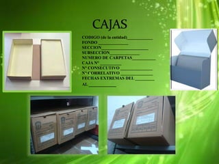CODIGO (de la entidad)____________
FONDO ______________
SECCION______________________
SUBSECCION______________
NUMERO DE CARPETAS___________
CAJA N° __________
N° CONSECUTIVO _______________
N° CORRELATIVO _______________
FECHAS EXTREMAS DEL _________
AL __________
 