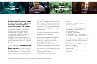 Saiba que o mercado é
majoritariamente ocupado por homens
brancos, heterossexuais e cisgêneros1
.
Aumente de maneira progressiva e
consciente a equidade e participação.
// Atualmente, o quadro de pessoas tem
38% de mulheres e seis delas estão no
time de liderança estratégica, ao lado
de três homens. Realizamos campanhas
e programas que objetivam atrair e
desenvolver cada vez mais mulheres, como
o WiLD (Women in Leadership Development),
programa de desenvolvimento de lideranças
femininas.
Sempre que possível, busque alternativas
para formular frases sem utilizar o
gênero masculino. São vários anúncios de
oportunidades onde vemos uma linguagem
direcionada apenas para homens, usando
sempre adjetivos e pronomes masculinos
e com imagens de pessoas bem sucedidas
vinculadas à figura do homem branco. Se
queremos atrair públicos diversos, toda a
nossa estratégia de comunicação deve ser
pensada para representar as pessoas que
queremos trazer e veiculadas onde essas
pessoas estão.
Uma dica prática e rápida: começar a usar
a linguagem neutra de gênero.
Nossos clientes => Clientes da empresa
Os líderes da empresa => Líderes da
empresa ou as lideranças da empresa
Os participantes do evento =>
Participantes do evento ou as pessoas
participantes / que participaram do evento
Para palavras que variam de acordo com o
gênero, use “pessoas”.
Desenvolvedores => Pessoas
desenvolvedoras / que desenvolvem
Funcionários => Pessoas que trabalham na
empresa
Executivos => Pessoas executivas / em
posições executivas
Para se referir a grupos de pessoas,
procure por formas alternativas de
representar o grupo.
Os diretores => A diretoria
Os coordenadores => A coordenação
Os deputados => O Congresso / A Câmara
Para se dirigir a quem está lendo um texto,
pense em alternativas que não definam
gênero.
Você está pronto? => Você é uma pessoa
pronta / preparada?
Ficou interessado => Tem interesse? /
Interessou-se?
Mantenha-se atualizado => Continue se
atualizando
1
termo usado para se referir às pessoas cujo gênero é o mesmo que o designado em seu nascimento
 