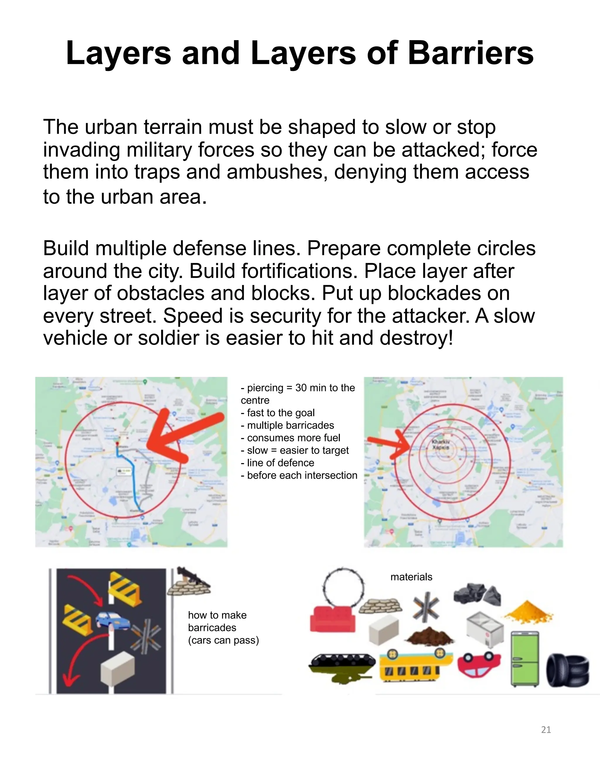 The urban terrain must be shaped to slow or stop
invading military forces so they can be attacked; force
them into traps and ambushes, denying them access
to the urban area.
Layers and Layers of Barriers
Build multiple defense lines. Prepare complete circles
around the city. Build fortifications. Place layer after
layer of obstacles and blocks. Put up blockades on
every street. Speed is security for the attacker. A slow
vehicle or soldier is easier to hit and destroy!
21
- piercing = 30 min to the
centre
- fast to the goal
- multiple barricades
- consumes more fuel
- slow = easier to target
- line of defence
- before each intersection
how to make
barricades
(cars can pass)
materials
 