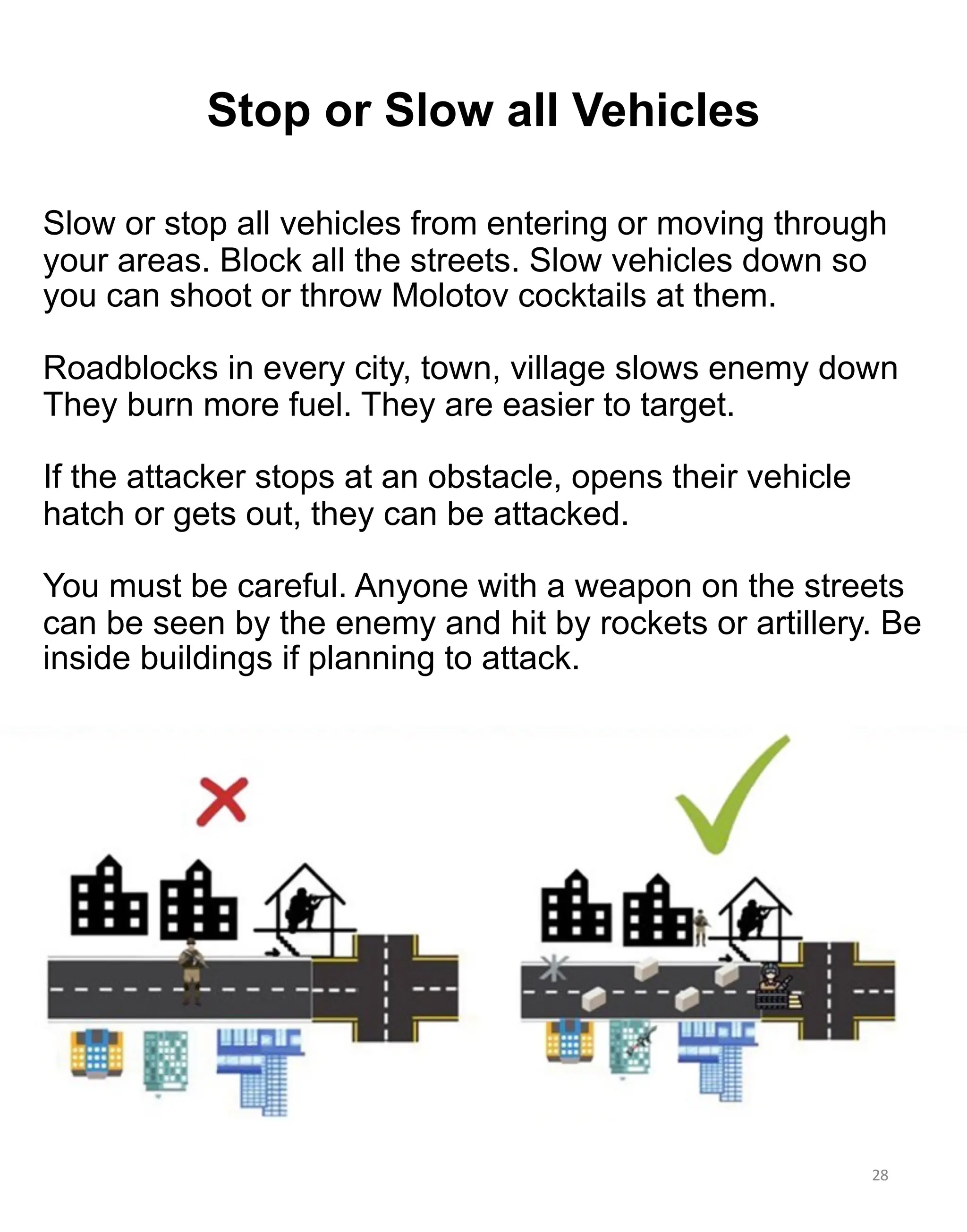 Slow or stop all vehicles from entering or moving through
your areas. Block all the streets. Slow vehicles down so
you can shoot or throw Molotov cocktails at them.
Roadblocks in every city, town, village slows enemy down
They burn more fuel. They are easier to target.
If the attacker stops at an obstacle, opens their vehicle
hatch or gets out, they can be attacked.
You must be careful. Anyone with a weapon on the streets
can be seen by the enemy and hit by rockets or artillery. Be
inside buildings if planning to attack.
28
Stop or Slow all Vehicles
 