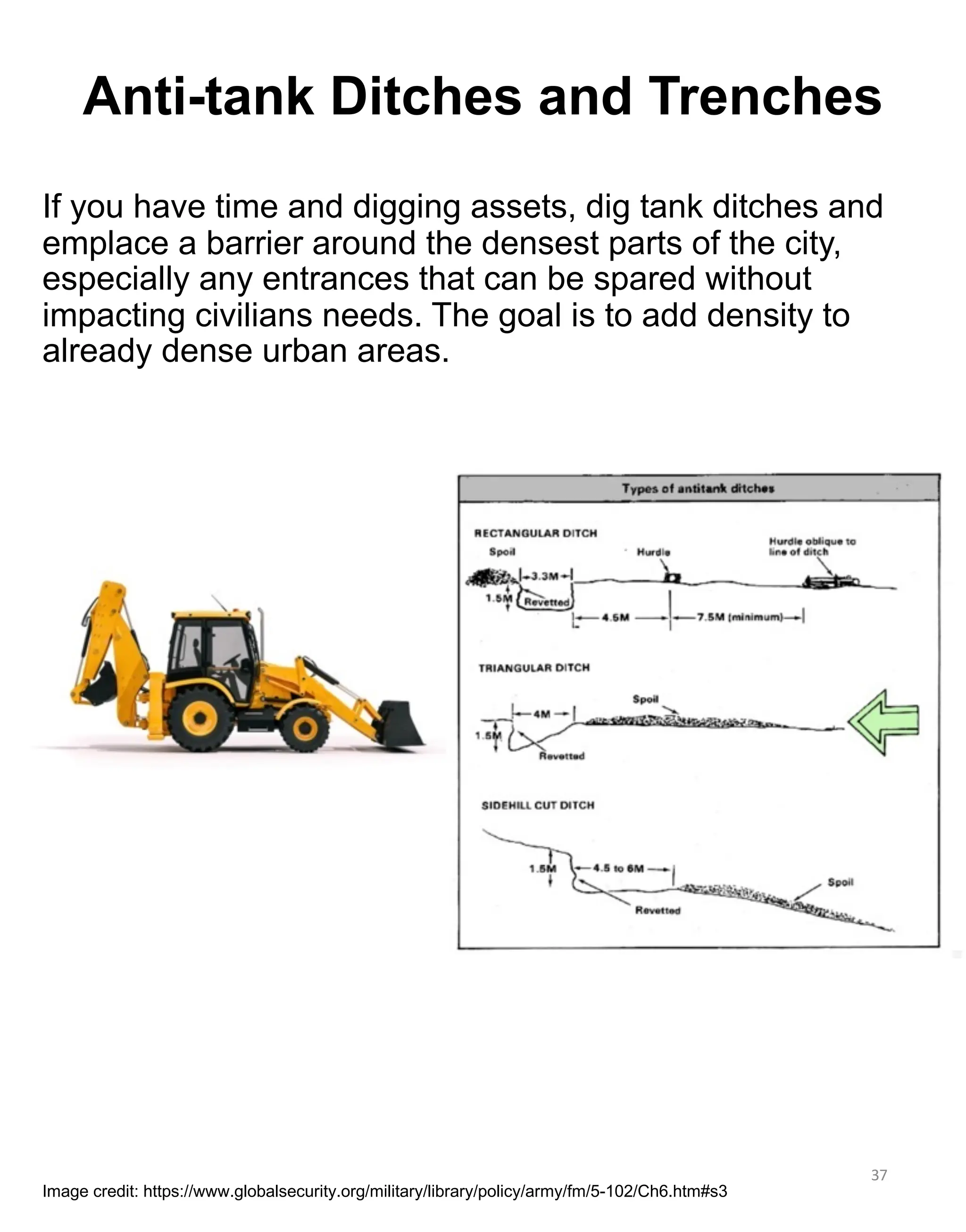 If you have time and digging assets, dig tank ditches and
emplace a barrier around the densest parts of the city,
especially any entrances that can be spared without
impacting civilians needs. The goal is to add density to
already dense urban areas.
37
Anti-tank Ditches and Trenches
Image credit: https://www.globalsecurity.org/military/library/policy/army/fm/5-102/Ch6.htm#s3
 