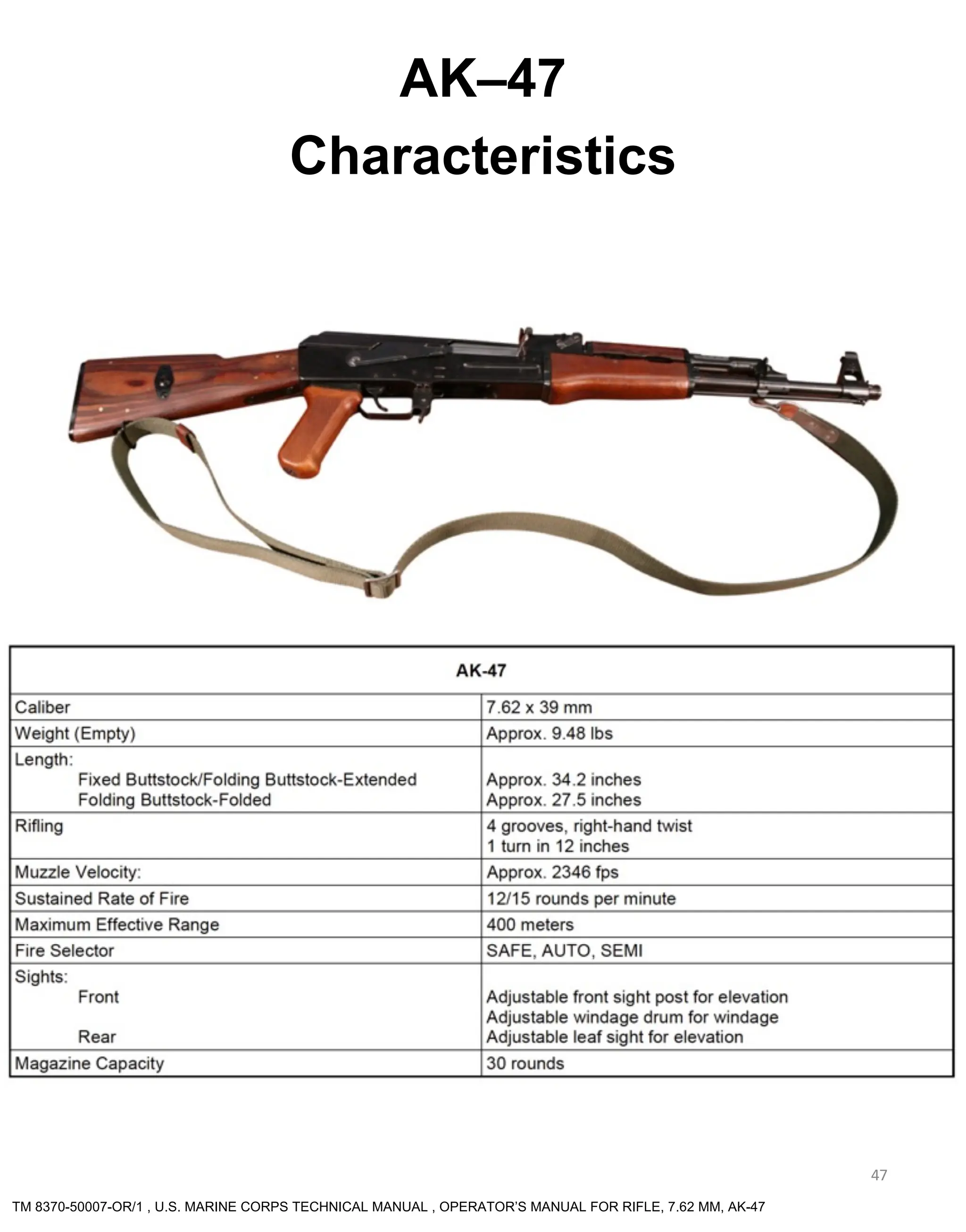 AK–47
Characteristics
47
TM 8370-50007-OR/1 , U.S. MARINE CORPS TECHNICAL MANUAL , OPERATOR’S MANUAL FOR RIFLE, 7.62 MM, AK-47
 