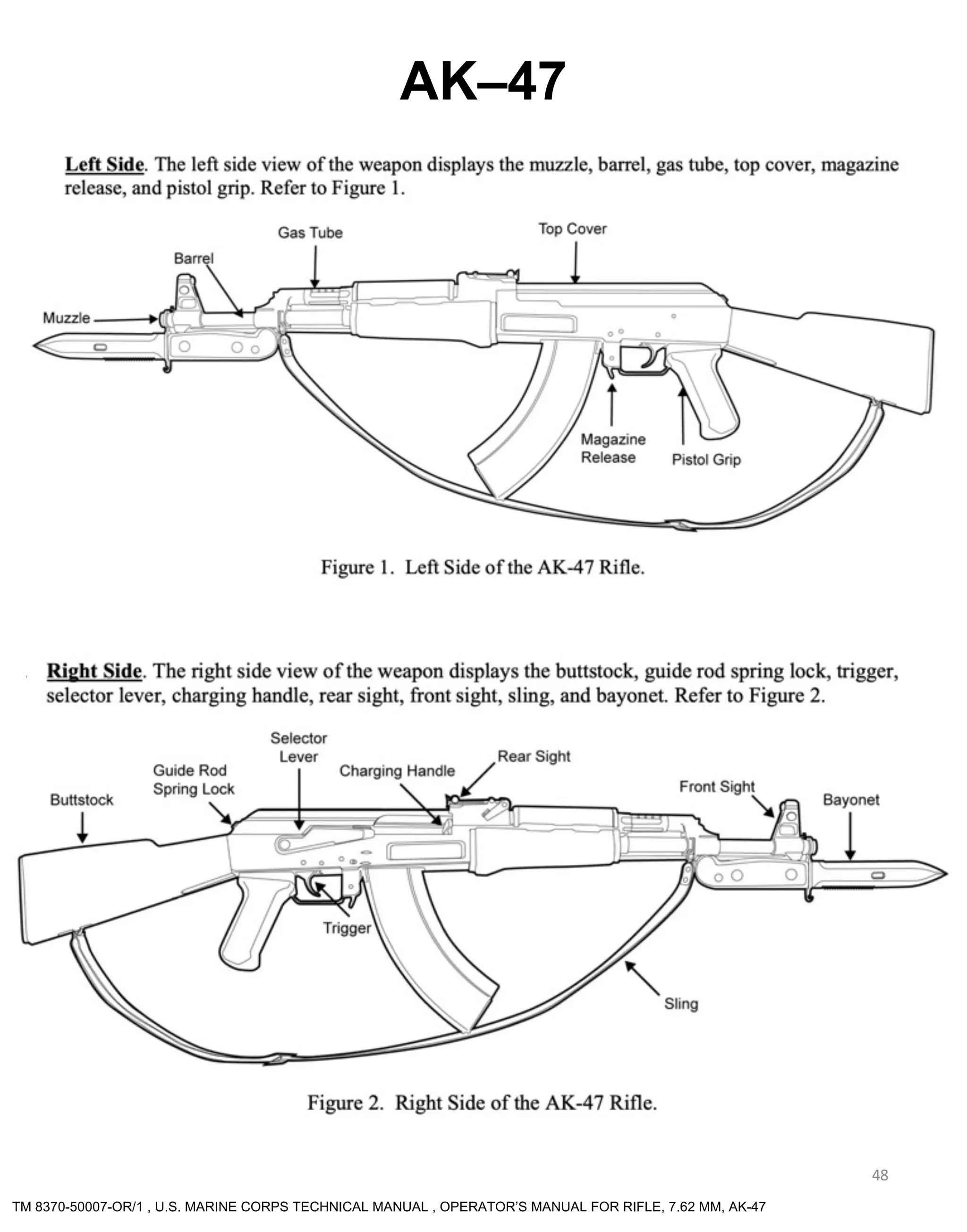 48
AK–47
TM 8370-50007-OR/1 , U.S. MARINE CORPS TECHNICAL MANUAL , OPERATOR’S MANUAL FOR RIFLE, 7.62 MM, AK-47
 