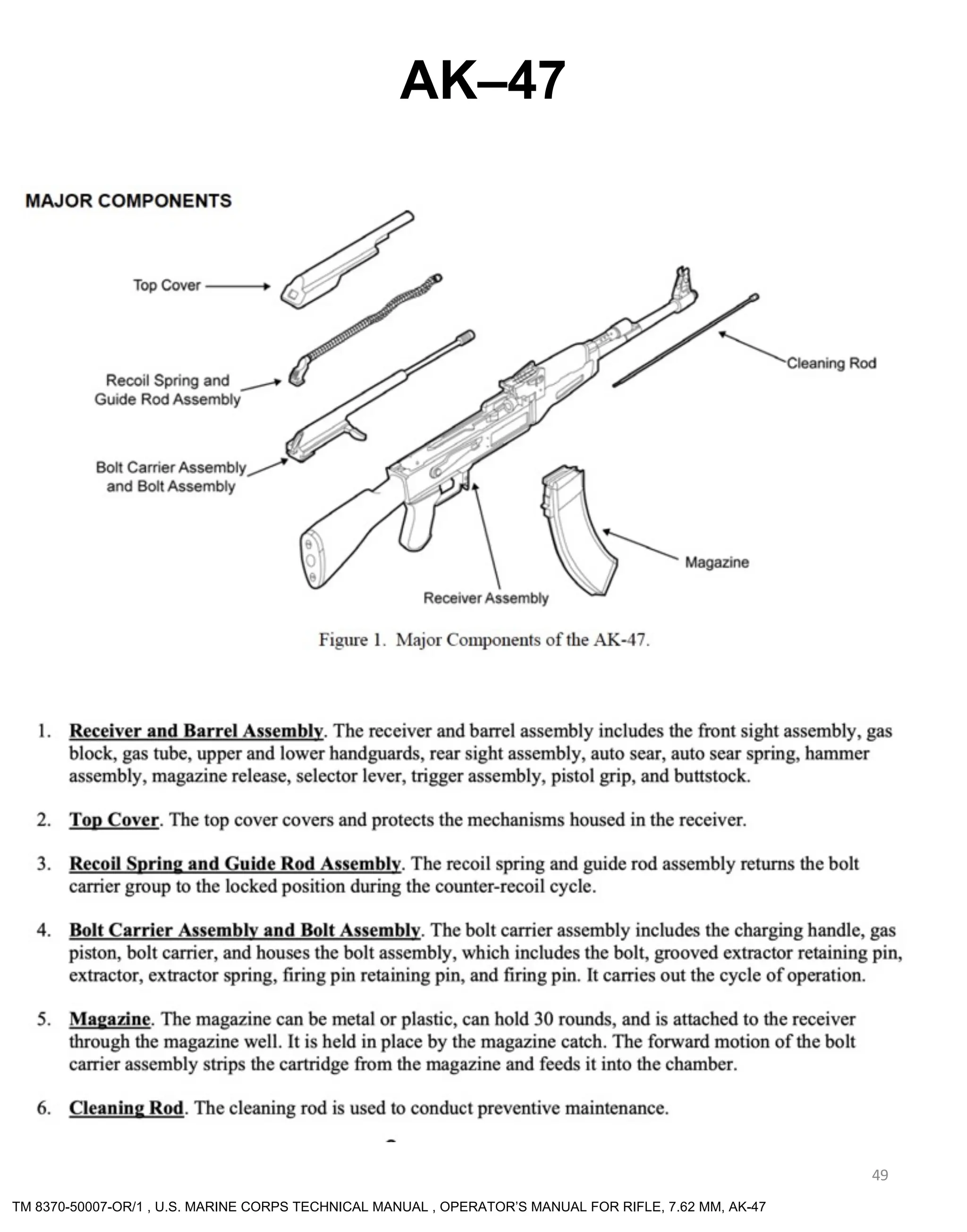 49
AK–47
TM 8370-50007-OR/1 , U.S. MARINE CORPS TECHNICAL MANUAL , OPERATOR’S MANUAL FOR RIFLE, 7.62 MM, AK-47
 
