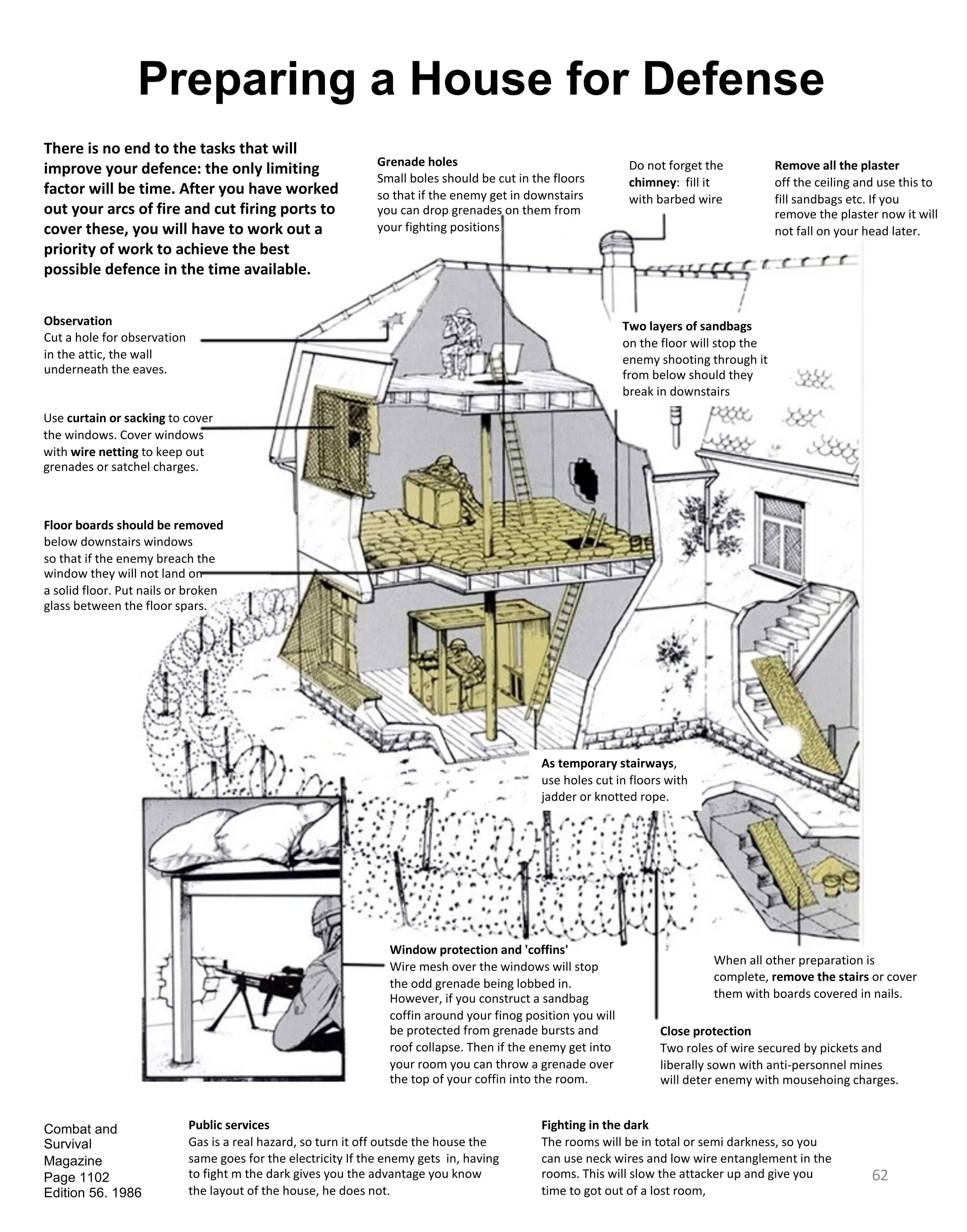 62
Combat and
Survival
Magazine
Page 1102
Edition 56. 1986
Preparing a House for Defense
Grenade holes
Small boles should be cut in the floors
so that if the enemy get in downstairs
you can drop grenades on them from
your fighting positions
Do not forget the
chimney: fill it
with barbed wire
Remove all the plaster
off the ceiling and use this to
fill sandbags etc. If you
remove the plaster now it will
not fall on your head later.
Two layers of sandbags
on the floor will stop the
enemy shooting through it
from below should they
break in downstairs
Observation
Cut a hole for observation
in the attic, the wall
underneath the eaves.
Use curtain or sacking to cover
the windows. Cover windows
with wire netting to keep out
grenades or satchel charges.
Floor boards should be removed
below downstairs windows
so that if the enemy breach the
window they will not land on
a solid floor. Put nails or broken
glass between the floor spars.
Window protection and 'coffins'
Wire mesh over the windows will stop
the odd grenade being lobbed in.
However, if you construct a sandbag
coffin around your finog position you will
be protected from grenade bursts and
roof collapse. Then if the enemy get into
your room you can throw a grenade over
the top of your coffin into the room.
Public services
Gas is a real hazard, so turn it off outsde the house the
same goes for the electricity If the enemy gets in, having
to fight m the dark gives you the advantage you know
the layout of the house, he does not.
When all other preparation is
complete, remove the stairs or cover
them with boards covered in nails.
Close protection
Two roles of wire secured by pickets and
liberally sown with anti-personnel mines
will deter enemy with mousehoing charges.
Fighting in the dark
The rooms will be in total or semi darkness, so you
can use neck wires and low wire entanglement in the
rooms. This will slow the attacker up and give you
time to got out of a lost room,
As temporary stairways,
use holes cut in floors with
jadder or knotted rope.
There is no end to the tasks that will
improve your defence: the only limiting
factor will be time. After you have worked
out your arcs of fire and cut firing ports to
cover these, you will have to work out a
priority of work to achieve the best
possible defence in the time available.
 