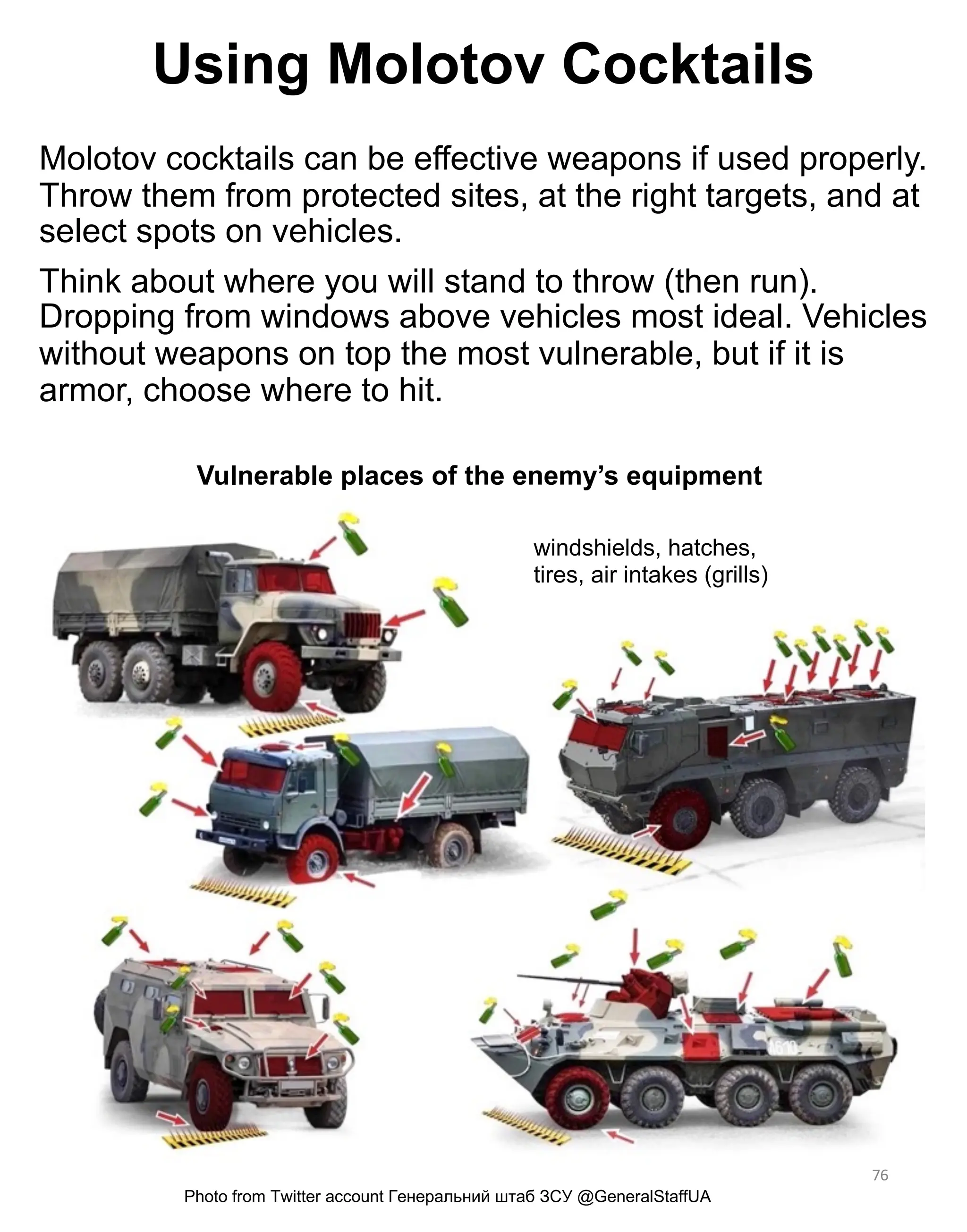 Using Molotov Cocktails
Molotov cocktails can be effective weapons if used properly.
Throw them from protected sites, at the right targets, and at
select spots on vehicles.
Think about where you will stand to throw (then run).
Dropping from windows above vehicles most ideal. Vehicles
without weapons on top the most vulnerable, but if it is
armor, choose where to hit.
76
Photo from Twitter account Генеральний штаб ЗСУ @GeneralStaffUA
Vulnerable places of the enemy’s equipment
windshields, hatches,
tires, air intakes (grills)
 