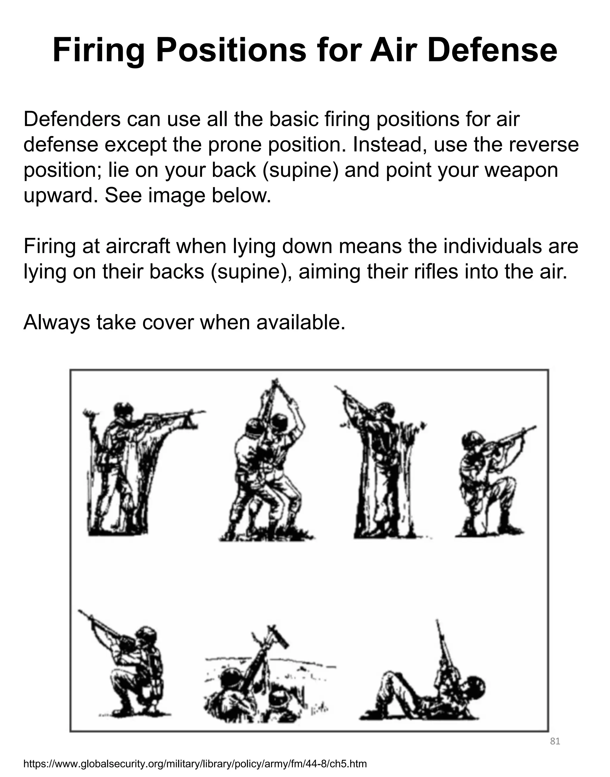 81
Defenders can use all the basic firing positions for air
defense except the prone position. Instead, use the reverse
position; lie on your back (supine) and point your weapon
upward. See image below.
Firing at aircraft when lying down means the individuals are
lying on their backs (supine), aiming their rifles into the air.
Always take cover when available.
https://www.globalsecurity.org/military/library/policy/army/fm/44-8/ch5.htm
Firing Positions for Air Defense
 