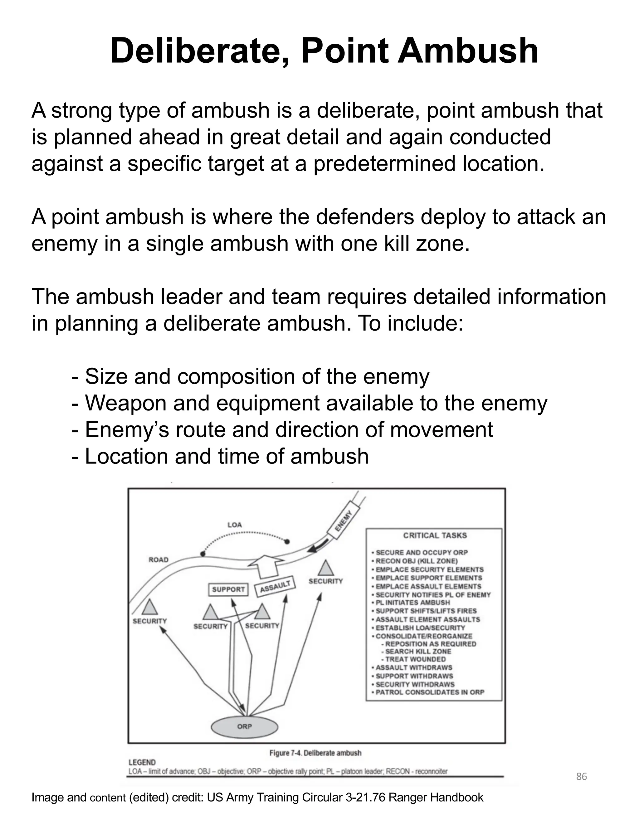 86
A strong type of ambush is a deliberate, point ambush that
is planned ahead in great detail and again conducted
against a specific target at a predetermined location.
A point ambush is where the defenders deploy to attack an
enemy in a single ambush with one kill zone.
The ambush leader and team requires detailed information
in planning a deliberate ambush. To include:
- Size and composition of the enemy
- Weapon and equipment available to the enemy
- Enemy’s route and direction of movement
- Location and time of ambush
Image and content (edited) credit: US Army Training Circular 3-21.76 Ranger Handbook
Deliberate, Point Ambush
 