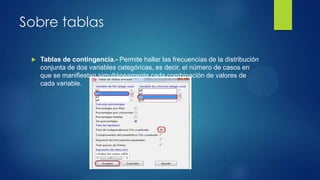 Sobre tablas


Tablas de contingencia.- Permite hallar las frecuencias de la distribución
conjunta de dos variables categóricas, es decir, el número de casos en
que se manifiestan simultáneamente cada combinación de valores de
cada variable.

 