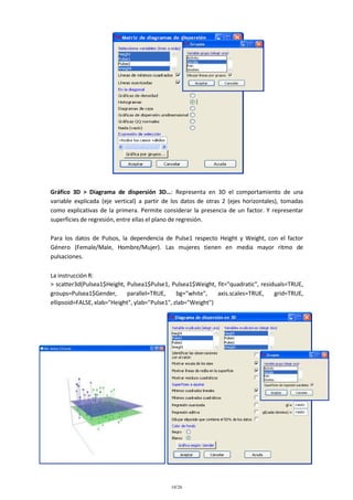Gráfico 3D > Diagrama de dispersión 3D…: Representa en 3D el comportamiento de una
variable explicada (eje vertical) a partir de los datos de otras 2 (ejes horizontales), tomadas
como explicativas de la primera. Permite considerar la presencia de un factor. Y representar
superficies de regresión, entre ellas el plano de regresión.
Para los datos de Pulsos, la dependencia de Pulse1 respecto Height y Weight, con el factor
Género (Female/Male, Hombre/Mujer). Las mujeres tienen en media mayor ritmo de
pulsaciones.
La instrucción R:
> scatter3d(Pulsea1$Height, Pulsea1$Pulse1, Pulsea1$Weight, fit="quadratic", residuals=TRUE,
groups=Pulsea1$Gender,
parallel=TRUE,
bg="white",
axis.scales=TRUE,
grid=TRUE,
ellipsoid=FALSE, xlab="Height", ylab="Pulse1", zlab="Weight")

10/26

 