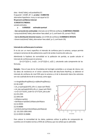 data: rbind(.Table), null probability 0.5
X-squared = 14.087, df = 1, p-value = 0.0001746
alternative hypothesis: true p is not equal to 0.5
95 percent confidence interval:
0.5953573 0.7802631
sample estimates:
p
0.6956522
estimador puntual
- Con corrección de continuidad, intervalo con el 95% de confianza: 0.5897050 0.7850303
> prop.test(rbind(.Table), alternative='two.sided', p=.5, conf.level=.95, correct=TRUE)
- Con la distribución binomial exacta, con el 95% de confianza: 0.5909669 0.7873276
> binom.test(rbind(.Table), alternative='two.sided', p=.5, conf.level=.95)

Intervalo de confianza para la varianza
R no da con un menú específico el intervalo de confianza para la varianza, aunque permite
comparar varianzas de dos poblaciones a partir de sendas muestras de cada una.
Admitiendo la hipótesis de normalidad en la población de partida, se puede calcular el
intervalo de confianza para la varianza:
[(n-1)*s2/χ2(n-1, 1-α/2) ; (n-1)*s2/χ2(n-1, α/2) ], calculando cada componente de las
fórmulas.

370
360

ResiProp$Resis

350
340
330

> n=length(ResiProp$Resis);s=sd(ResiProp$Resis);s
[1] 18.11387
> chi_iz=qchisq(c(0.975), df=n-1, lower.tail=TRUE)
> chi_der=qchisq(c(0.025), df=n-1, lower.tail=TRUE)
> iz=(n-1)*s^2/chi_iz;der=(n-1)*s^2/chi_der;iz;der
[1] 155.2355
[1] 1093.549
> izDtipica=sqrt(iz);
> derDtipica=sqrt(der);izDtipica;derDtipica
[1] 12.45935
[1] 33.06886
> print(c(iz,der));print(c(izDtipica,derDtipica))
[1] 155.2355 1093.5493
[1] 12.45935 33.06886

380

Ejemplo.- Para el caso de las 10 probetas de hormigón sometidas a un ensayo de rotura, con
los datos de resistencia en el vector columna Resis del data.frame ResiProp, se obtienen el
intervalo de confianza de nivel 95% para la varianza y el de la desviación típica (los extremos
son raíz cuadrada de los de la varianza), como sigue:

-1.5

-1.0

-0.5

0.0

0.5

1.0

norm quantiles

Para valorar la normalidad de los datos, podemos utilizar la gráfica de comparación de
cuantiles con el modelo normal, al 95% de confianza, que nos señala que es admisible.

10/26

1.5

 