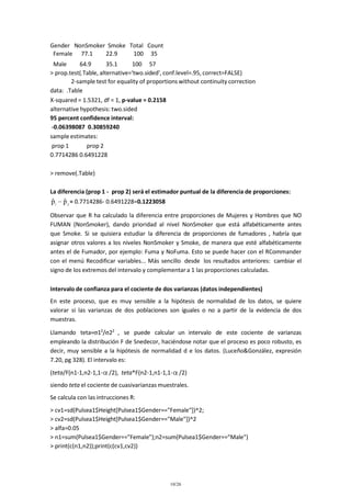 Gender NonSmoker Smoke Total Count
Female 77.1
22.9
100 35
Male
64.9
35.1
100 57
> prop.test(.Table, alternative='two.sided', conf.level=.95, correct=FALSE)
2-sample test for equality of proportions without continuity correction
data: .Table
X-squared = 1.5321, df = 1, p-value = 0.2158
alternative hypothesis: two.sided
95 percent confidence interval:
-0.06398087 0.30859240
sample estimates:
prop 1
prop 2
0.7714286 0.6491228
> remove(.Table)
La diferencia (prop 1 - prop 2) será el estimador puntual de la diferencia de proporciones:

ˆ ˆ
p1 p 2 = 0.7714286- 0.6491228=0.1223058
Observar que R ha calculado la diferencia entre proporciones de Mujeres y Hombres que NO
FUMAN (NonSmoker), dando prioridad al nivel NonSmoker que está alfabéticamente antes
que Smoke. Si se quisiera estudiar la diferencia de proporciones de fumadores , habría que
asignar otros valores a los niveles NonSmoker y Smoke, de manera que esté alfabéticamente
antes el de Fumador, por ejemplo: Fuma y NoFuma. Esto se puede hacer con el RCommander
con el menú Recodificar variables... Más sencillo desde los resultados anteriores: cambiar el
signo de los extremos del intervalo y complementar a 1 las proporciones calculadas.
Intervalo de confianza para el cociente de dos varianzas (datos independientes)
En este proceso, que es muy sensible a la hipótesis de normalidad de los datos, se quiere
valorar si las varianzas de dos poblaciones son iguales o no a partir de la evidencia de dos
muestras.
Llamando teta= 12/ 22 , se puede calcular un intervalo de este cociente de varianzas
empleando la distribución F de Snedecor, haciéndose notar que el proceso es poco robusto, es
decir, muy sensible a la hipótesis de normalidad d e los datos. (Luceño&González, expresión
7.20, pg 328). El intervalo es:
(teta/F(n1-1,n2-1,1- /2), teta*F(n2-1,n1-1,1- /2)
siendo teta el cociente de cuasivarianzas muestrales.
Se calcula con las intrucciones R:
> cv1=sd(Pulsea1$Height[Pulsea1$Gender=="Female"])^2;
> cv2=sd(Pulsea1$Height[Pulsea1$Gender=="Male"])^2
> alfa=0.05
> n1=sum(Pulsea1$Gender=="Female");n2=sum(Pulsea1$Gender=="Male")
> print(c(n1,n2));print(c(cv1,cv2))

10/26

 