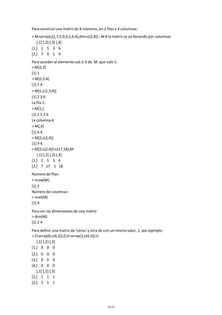 Para construir una matriz de 8 números, en 2 filas y 4 columnas:
> M=array(c(2,7,5,9,3,1,6,4),dim=c(2,4)) ; M # la matriz se va llenando por columnas
[,1] [,2] [,3] [,4]
[1,] 2 5 3 6
[2,] 7 9 1 4
Para acceder al elemento sub 2-3 de M, que vale 1:
> M[2,3]
[1] 1
> M[2,3:4]
[1] 1 4
> M[1,c(1,3,4)]
[1] 2 3 6
La fila 1:
> M[1,]
[1] 2 5 3 6
La columna 4:
> M[,4]
[1] 6 4
> M[2,c(2,4)]
[1] 9 4
> M[2,c(2,4)]=c(17,18);M
[,1] [,2] [,3] [,4]
[1,] 2 5 3 6
[2,] 7 17 1 18
Número de filas:
> nrow(M)
[1] 2
Número de columnas:
> ncol(M)
[1] 4
Para ver las dimensiones de una matriz:
> dim(M)
[1] 2 4
Para definir una matriz de ‘ceros’ y otra de con un mismo valor, 1, por ejemplo:
> Z=array(0,c(4,3));Z;U=array(1,c(4,3));U
[,1] [,2] [,3]
[1,] 0 0 0
[2,] 0 0 0
[3,] 0 0 0
[4,] 0 0 0
[,1] [,2] [,3]
[1,] 1 1 1
[2,] 1 1 1

10/26

 