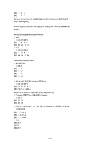 [3,] 1 1 1
[4,] 1 1 1
Para ver los nombres de los objetos presentes en el espacio de trabajo R
ls() o bien objects()
Borrar objetos (variables) del espacio de trabajo (rm : Iniciales de remove):
rm(x, Z)
Operaciones algebraicas con matrices:
> M+3
[,1] [,2] [,3] [,4]
[1,] 5 8 6 9
[2,] 10 20 4 21
> M*2
[,1] [,2] [,3] [,4]
[1,] 4 10 6 12
[2,] 14 34 2 36
Trasposición de una matriz
> Mt=t(M);Mt
[,1] [,2]
[1,] 2 7
[2,] 5 17
[3,] 3 1
[4,] 6 18
> M1=array(2.5,c(2,4));Suma=M+M1;Suma
[,1] [,2] [,3] [,4]
[1,] 4.5 7.5 5.5 8.5
[2,] 9.5 19.5 3.5 20.5
Producto de matrices (operador %*% para producto):
> Producto=M1%*%array(1,c(4,2));Producto
[,1] [,2]
[1,] 10 10
[2,] 10 10
> y=c(2,3,1);A=array(c(3,2,5,7,8,2.3,6,9.1,12),dim=c(3,3));h=A%*%y;A;h;y
[,1] [,2] [,3]
[1,] 3 7.0 6.0
[2,] 2 8.0 9.1
[3,] 5 2.3 12.0
[,1]
[1,] 33.0
[2,] 37.1
[3,] 28.9

10/26

 