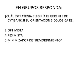 EN GRUPOS RESPONDA: ¿CUÁL ESTRATEGIA ELEGIRÍA EL GERENTE DE CYTIBANK SI SU ORIENTACIÓN SICOLÓGICA ES: OPTIMISTA PESIMISTA MINIMIZADOR DE “REMORDIMIENTO” 