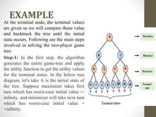 EXAMPLE
At the terminal node, the terminal values
are given so we will compare those value
and backtrack the tree until the initial
state occurs. Following are the main steps
involved in solving the two-player game
tree:
Step-1: In the first step, the algorithm
generates the entire game-tree and apply
the utility function to get the utility values
for the terminal states. In the below tree
diagram, let's take A is the initial state of
the tree. Suppose maximizer takes first
turn which has worst-case initial value =-
infinity, and minimizer will take next turn
which has worst-case initial value =
+infinity.
 