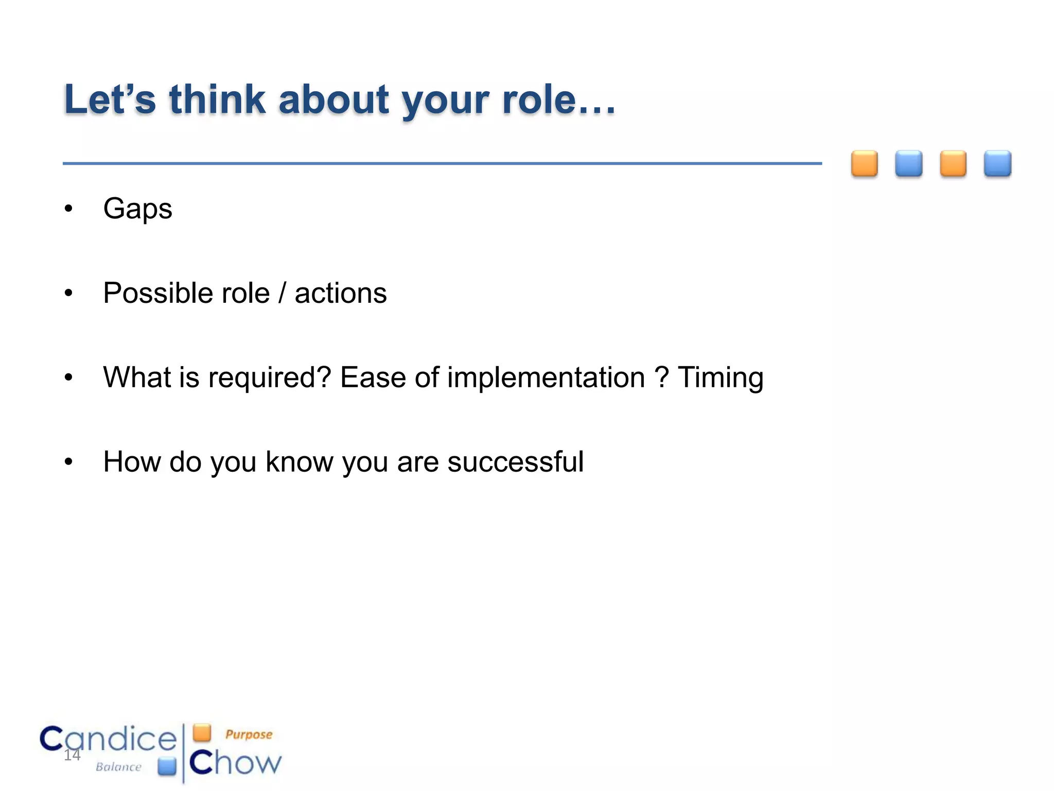 Let’s think about your role…

• Gaps

• Possible role / actions

• What is required? Ease of implementation ? Timing

• How do you know you are successful




14
 