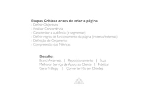 Etapas Críticas antes de criar a página
- De
fi
nir Objectivos
- Analisar Concorrência
- Caracterizar a audiência (e segmentar)
- De
fi
nir regras de funcionamento da página (internas/externas)
- De
fi
nição de Orçamento
- Compreensão das Métricas
Desa
fi
o:
Brand Awarness | Reposicionamento | Buzz
Melhorar Serviço de Apoio ao Cliente | Fidelizar
GerarTráfego | Converter Fãs em Clientes
 