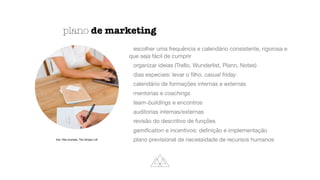 plano de marketing
escolher uma frequência e calendário consistente, rigorosa e
que seja fácil de cumprir

organizar ideias (Trello, Wunderlist, Plann, Notes)

dias especiais: levar o
fi
lho, casual friday

calendário de formações internas e externas

mentorias e coachings

team-buildings e encontros

auditorias internas/externas

revisão do descritivo de funções

gami
fi
cation e incentivos: de
fi
nição e implementação

plano previsional de necessidade de recursos humanos
foto: Rita Quintela, The Simple Loft
 