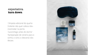 1.limpeza adicional do quarto
2.cliente não quer coloca não-
incomodar na porta
3.aconchego antes de dormir
4.preparação de cenário para o
sonho, o sono, o descanso dos
deuses
expectativa


turn down
 