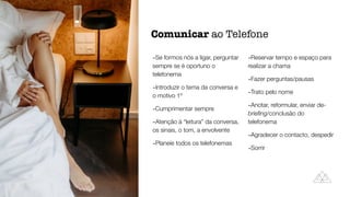 Comunicar ao Telefone
-Se formos nós a ligar, perguntar
sempre se é oportuno o
telefonema


-Introduzir o tema da conversa e
o motivo 1º


-Cumprimentar sempre


-Atenção à “leitura” da conversa,
os sinais, o tom, a envolvente


-Planeie todos os telefonemas


-Reservar tempo e espaço para
realizar a chama


-Fazer perguntas/pausas


-Trato pelo nome


-Anotar, reformular, enviar de-
brie
fi
ng/conclusão do
telefonema


-Agradecer o contacto, despedir


-Sorrir
 