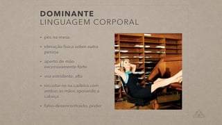 DOMINANTE


LINGUAGEM CORPORAL
• pés na mesa


• elevação física sobre outra
pessoa


• aperto de mão
excessivamente forte


• voz estridente, alta


• recostar-se na cadeira com
ambas as mãos apoiando a
cabeça


• falso-desencontraído, poder
 