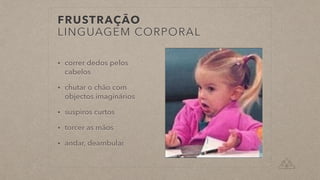 FRUSTRAÇÃO


LINGUAGEM CORPORAL
• correr dedos pelos
cabelos


• chutar o chão com
objectos imaginários


• suspiros curtos


• torcer as mãos


• andar, deambular
 
