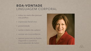 BOA-VONTADE


LINGUAGEM CORPORAL
• mãos no meio das pernas/
nos joelhos


• expressão facial viva


• proximidade


• sentar à beira da cadeira


• acenar em concordância


• queixo para trás ou frente,
seguindo a conversa
(normalmente de lado)
 