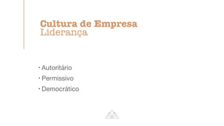 !
Autoritário

!
Permissivo

!
Democrático
Cultura de Empresa


Liderança
 