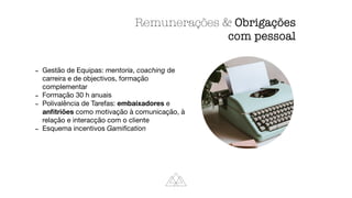 - Gestão de Equipas: mentoria, coaching de
carreira e de objectivos, formação
complementar

- Formação 30 h anuais

- Polivalência de Tarefas: embaixadores e
an
fi
triões como motivação à comunicação, à
relação e interacção com o cliente

- Esquema incentivos Gami
fi
cation
Remunerações  Obrigações


com pessoal
 