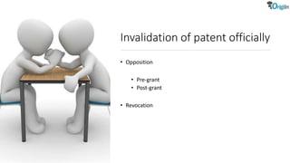 Invalidation of patent officially
• Opposition
• Pre-grant
• Post-grant
• Revocation
 