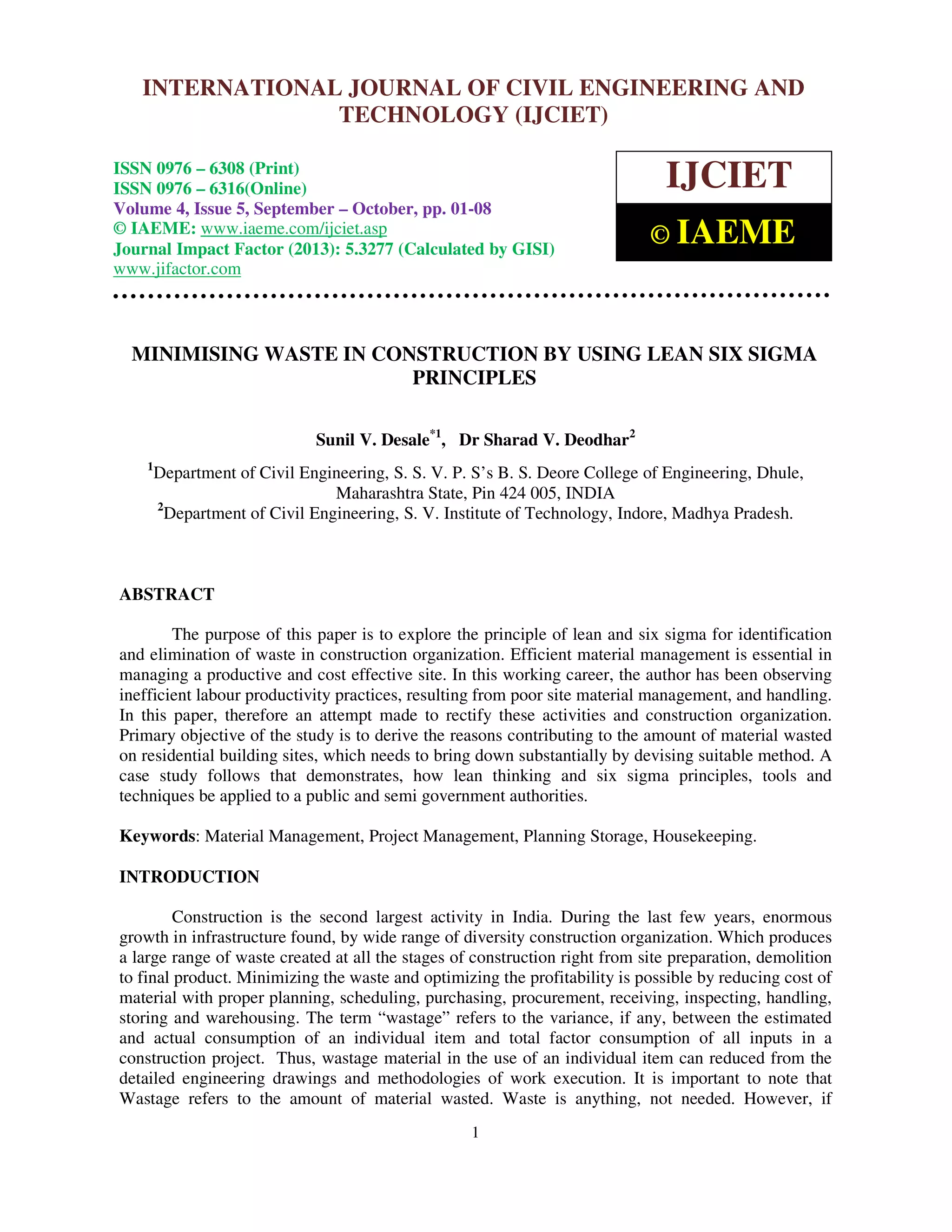 Minimising waste in construction by using lean six sigma principle | PDF