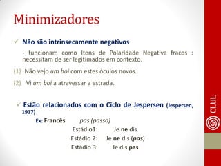 Minimizadores 
Não são intrinsecamente negativos 
- funcionam como Itens de Polaridade Negativa fracos : necessitam de ser legitimados em contexto. 
(1)Não vejo um boi com estes óculos novos. 
(2) Vi um boi a atravessar a estrada. 
 Estão relacionados com o Ciclo de Jespersen (Jespersen, 1917) 
Ex: Francês pas (passo) 
Estádio1: Je ne dis 
Estádio 2: Je ne dis (pas) 
Estádio 3: Je dis pas 
 