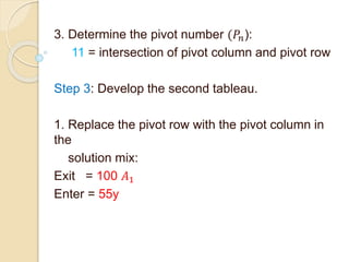 3. Determine the pivot number (𝑃𝑛):
11 = intersection of pivot column and pivot row
Step 3: Develop the second tableau.
1. Replace the pivot row with the pivot column in
the
solution mix:
Exit = 100 𝐴1
Enter = 55y
 