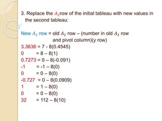 3. Replace the 𝐴2row of the initial tableau with new values in
the second tableau:
New 𝐴2 row = old 𝐴2 row – (number in old 𝐴2 row
and pivot column)(y row)
3.3636 = 7 - 8(0.4545)
0 = 8 – 8(1)
0.7273 = 0 – 8(-0.091)
-1 = -1 – 8(0)
0 = 0 – 8(0)
-0.727 = 0 – 8(0.0909)
1 = 1 – 8(0)
0 = 0 – 8(0)
32 = 112 – 8(10)
 