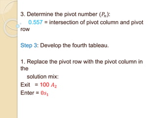 3. Determine the pivot number (𝑃𝑛):
0.557 = intersection of pivot column and pivot
row
Step 3: Develop the fourth tableau.
1. Replace the pivot row with the pivot column in
the
solution mix:
Exit = 100 𝐴2
Enter = 0𝑠1
 