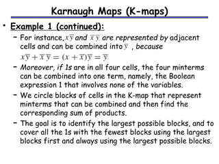 Karnaugh Maps (K-maps) 
• Example 1 (continued): 
– For instance, and are represented by adjacent 
cells and can be combined into , because 
– Moreover, if 1s are in all four cells, the four minterms 
can be combined into one term, namely, the Boolean 
expression 1 that involves none of the variables. 
– We circle blocks of cells in the K-map that represent 
minterms that can be combined and then find the 
corresponding sum of products. 
– The goal is to identify the largest possible blocks, and to 
cover all the 1s with the fewest blocks using the largest 
blocks first and always using the largest possible blocks. 
 