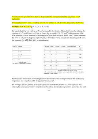No explanation is given for above charts as the procedure has been explained earlier and process is self
explanatory.

There may be instances when a switching function may not have an EPI. Consider, for example, the function

Example 5: f (A, B, C, D) = ∑ (0, 1, 5, 7, 8, 10, 14, 15)

The search chart, Fig. 9, is cyclic as no PI can be selected in first iteration. The cycle is broken by reducing the
consensus of a Pi term by one. Any Pi can be chosen. Let us consider Pi 0. Pi 0 has 2nd order consensus. It has
to be reduced to 1st-order consensus by dropping one m1 term, let it be term 8. Now Pi 0 has 1st-order consensus.
The terms in sub-cube (0, 1), prime implicant                                      so formed are treated as don’t cares for subsequent P i terms.
The remaining PIs,                                           ,   as outlined earlier.

 --------------------------------------------------------                   ------------------------------------------------------------------------------------------------------------------------
 No. of 1’s        minterms                                                 Pi (m0), terms m1 terms             m2 terms          m3 terms          minterns in sub-cube                PI
 --------------------------------------------------------                   ------------------------------------------------------------------------------------------------------------------------
 0                 0✓✓                                                      **0               1, 8              9x                                  (0, 1)
 ----------------------- ---------------------------------                  ------------------------------------------------------------------------------------------------------------------------
 1                 1, 8✓✓                                                   ✓
                                                                              1               0,5               4x                                  (0, 2)
 --------------------------------------------------------                   ------------------------------------------------------------------------------------------------------------------------
 2                 5 ✓✓, 10,                                                **
                                                                              8               0, 10             2x                                  (8, 10)
 --------------------------------------------------------                   ------------------------------------------------------------------------------------------------------------------------
 3                 7, 14✓✓                                                                                        x
                                                                            **5               1, 7              3                                   (5, 7)
 --------------------------------------------------------
                                                                            ------------------------------------------------------------------------------------------------------------------------
 4                 15                                                       ✓
                                                                              10              8, 14             12x                                 (8, 10)
 --------------------------------------------------------
                                                                            ------------------------------------------------------------------------------------------------------------------------
                     Fig. 8 k - chart                                       ✓
                                                                              7               5, 15             13x
 Note: minterms 0 and 4 were not selected as PI
                                                                            ------------------------------------------------------------------------------------------------------------------------
                                                                            **14              10,15             11x                                 (14, 15)
                                                                            ------------------------------------------------------------------------------------------------------------------------
                                                                            ✓
                                                                              15              7, 14             6x                                  (14, 15)                            -
                                                                            -----------------------------------------------------------------------------------------------------------------------
                                                                                                                        Fig. 9 Search Chart with sub-cubes and PIs
                                                                            Cyclic condition. Here double asterisk mark is placed against all the selected PIs as they all have
                                                                            been selected in second iteration..




A technique for minimization of switching functions has been described in this presentation that can be easily
programmed and is equally suitable for paper and pencil as well.

The technique does not generate all the prime implicants but looks for existence of a prime implicant thus
reducing the search space. It allows simplification of switching functions having variables greater than 8 as well.

                                                                                        ***
 