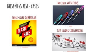 BUSINESS USE-cases
Source: Vector Stock
Short-lived CAMPAIGNS
Multiple VARIATIONS
Source: Bob WP
Just saving Conversions
Source: Search Engine Journal
 