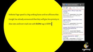 Website Pagespeed is abig rankingfactorandweall knowthat.
Google hasalreadyannouncedthattheywill give less priorityto
slow sites andeven marksitewithSLOW tagin SERPs.
 