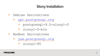 + Debian Derivatives
+ apt.postgresql.org
+ postgresql-9.5-slony1-2
+ slony1-2-bin
+ Redhat Derivatives
+ yum.postgresql.org
+ slony1-95
14
Slony Installation
 