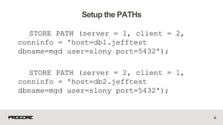 STORE PATH (server = 1, client = 2,
conninfo = 'host=db1.jefftest
dbname=mgd user=slony port=5432');
STORE PATH (server = 2, client = 1,
conninfo = 'host=db2.jefftest
dbname=mgd user=slony port=5432');
26
Setup the PATHs
 