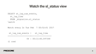 SELECT st_lag_num_events,
st_lag_time
FROM _migration.sl_status
watch
Watch every 2s Tue Feb 7 00:52:01 2017
st_lag_num_events | st_lag_time
-------------------+-----------------
64 | 00:11:40.097368
(1 row)
46
Watch the sl_status view
 