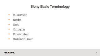 + Cluster
+ Node
+ Set
+ Origin
+ Provider
+ Subscriber
9
Slony Basic Terminology
 