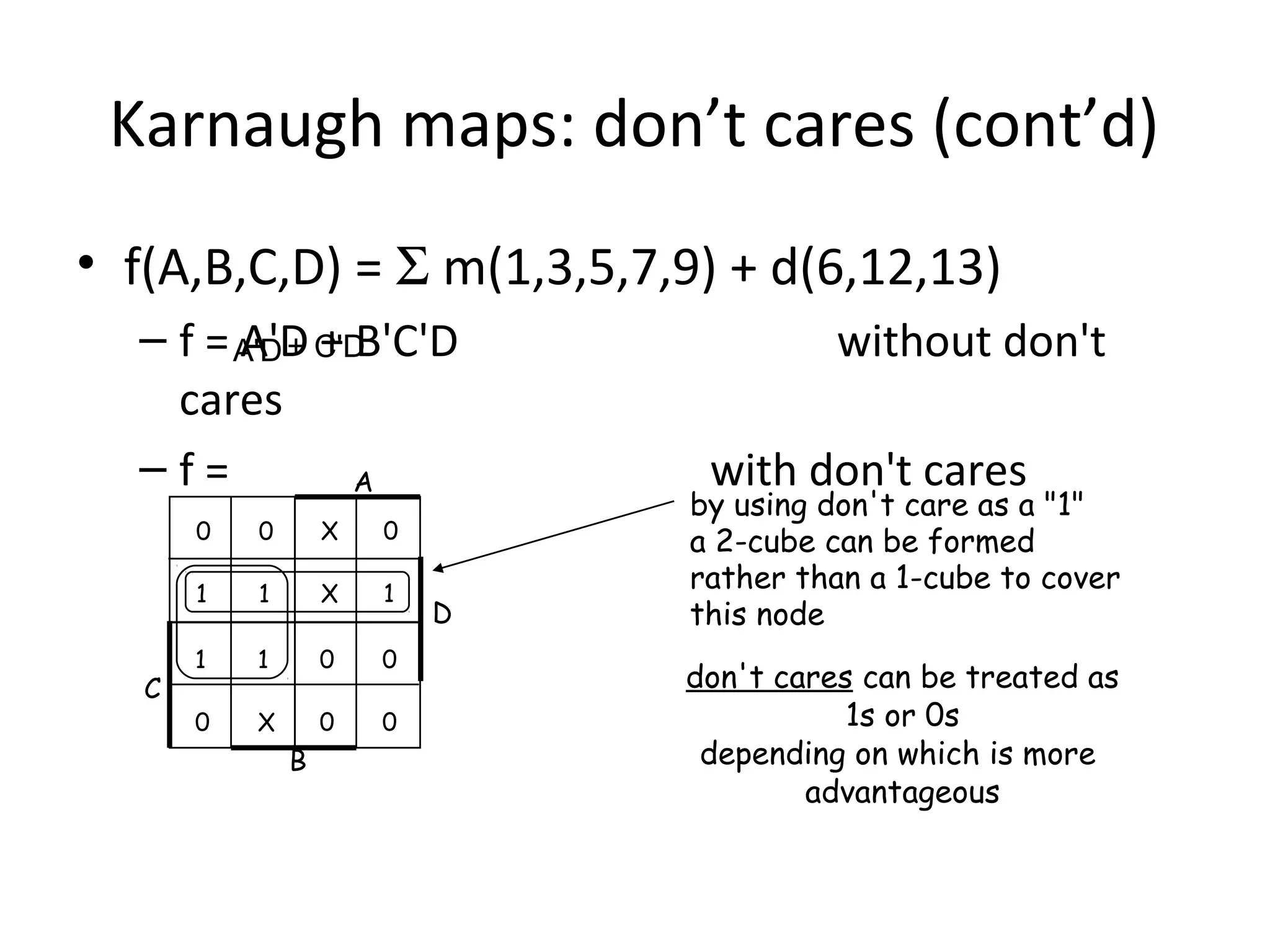 Karnaugh maps: don’t cares (cont’d)
• f(A,B,C,D) = Σ m(1,3,5,7,9) + d(6,12,13)
– f = A'D + C'D
A'D + B'C'D
cares
–f=
A
0

X

0

1

C

0
1

X

1

1

1

0

0

0

X

0

0

B

D

without don't
with don't cares

by using don't care as a "1"
a 2-cube can be formed
rather than a 1-cube to cover
this node
don't cares can be treated as
1s or 0s
depending on which is more
advantageous

 