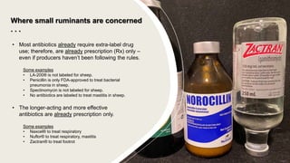 Where small ruminants are concerned
. . .
• Most antibiotics already require extra-label drug
use; therefore, are already prescription (Rx) only –
even if producers haven’t been following the rules.
Some examples
• LA-200® is not labeled for sheep.
• Penicillin is only FDA-approved to treat bacterial
pneumonia in sheep.
• Spectinomycin is not labeled for sheep.
• No antibiotics are labeled to treat mastitis in sheep.
• The longer-acting and more effective
antibiotics are already prescription only.
Some examples
• Naxcel® to treat respiratory
• Nuflor® to treat respiratory, mastitis
• Zactran® to treat footrot
 