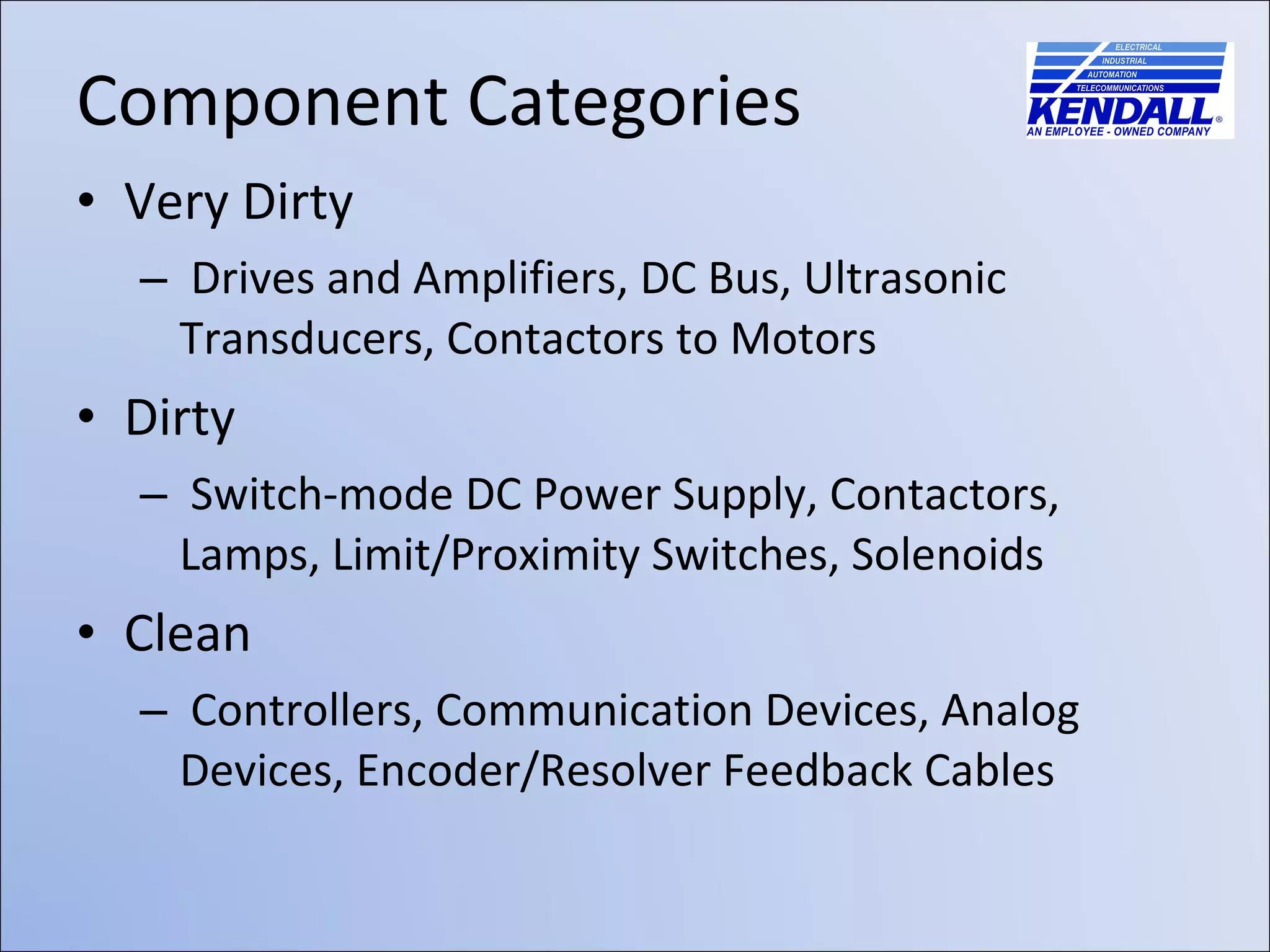 Very Dirty  Drives and Amplifiers, DC Bus, Ultrasonic Transducers, Contactors to Motors Dirty  Switch-mode DC Power Supply, Contactors, Lamps, Limit/Proximity Switches, Solenoids Clean  Controllers, Communication Devices, Analog Devices, Encoder/Resolver Feedback Cables Component Categories 