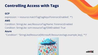 Controlling Access with Tags
GCP
expression: > resource.matchTag('tagKeys/ForensicsEnabled', '*')
AWS
Condition: StringLike: aws:ResourceTag/Name: ForensicsEnabled
Condition: StringLike: ssm:resourceTag/SSMEnabled: True
Azure
"Condition": "StringLike(Resource[Microsoft.Resources/tags.example_key], '*')"
 